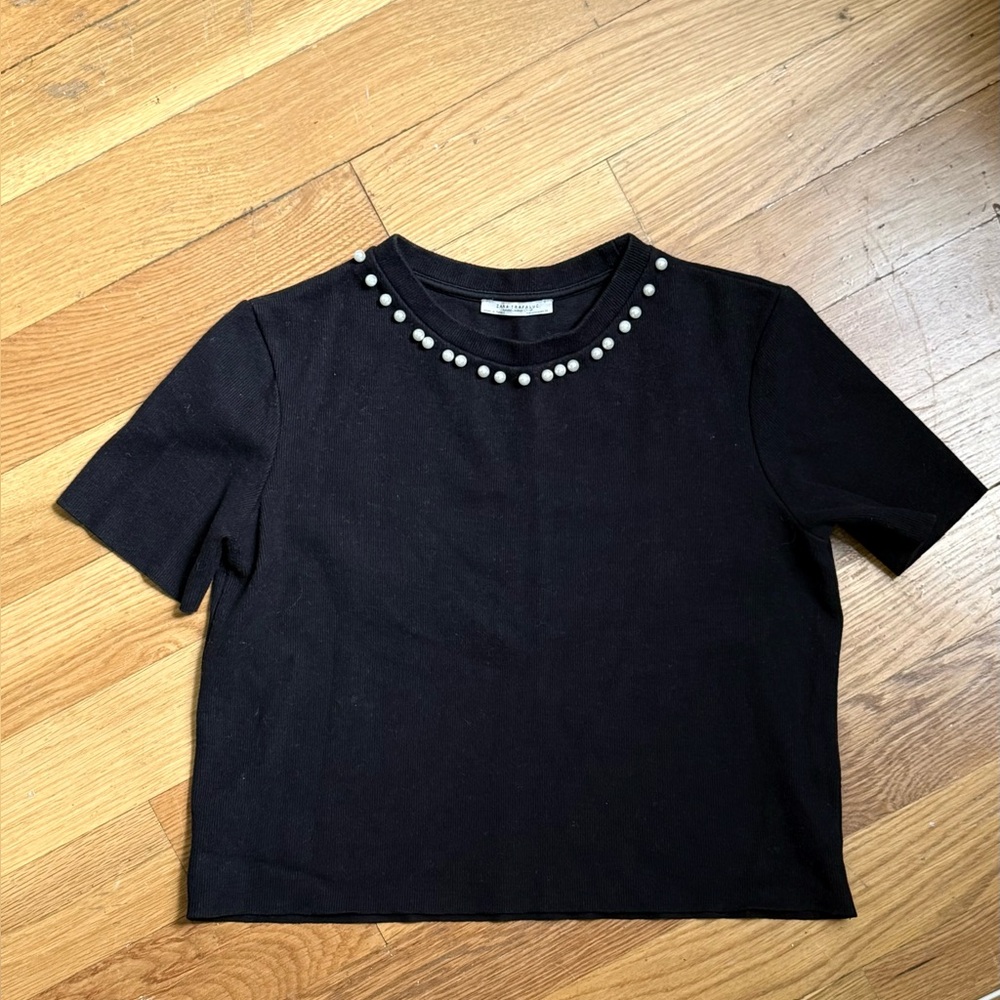 Zara Elegant Black Top with Pearl Embellishments